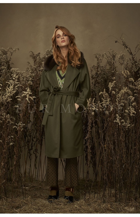 Кашемировое пальто с воротом из меха куницы 340331