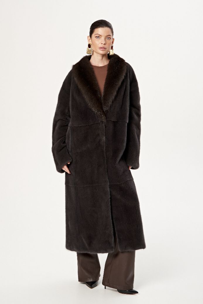 Норковая шуба с шалевым воротом из куницы 1066